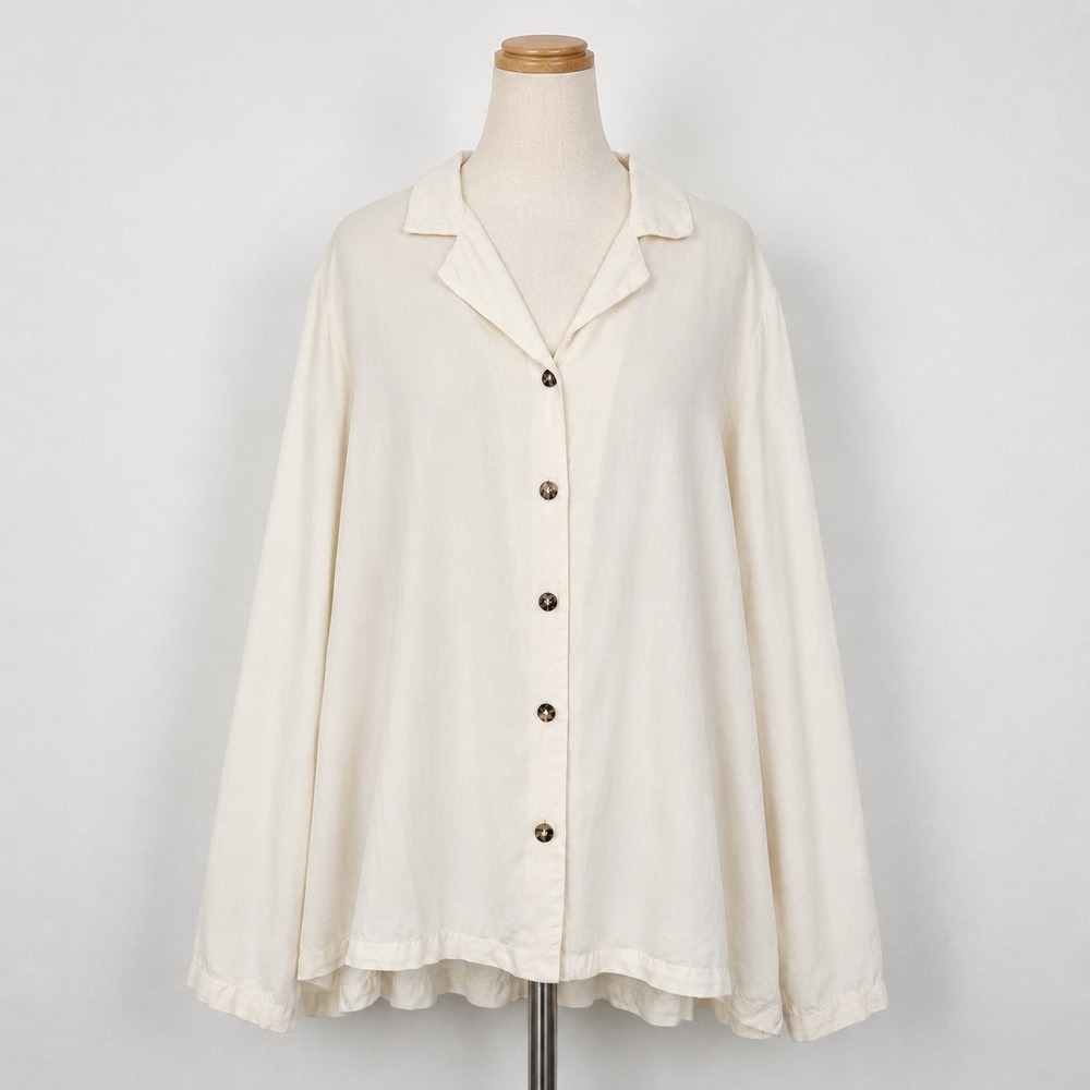 Bryn Walker Women L Cream Tencel Button Down Shirt Long Sleeve Peplum Back‎ USA